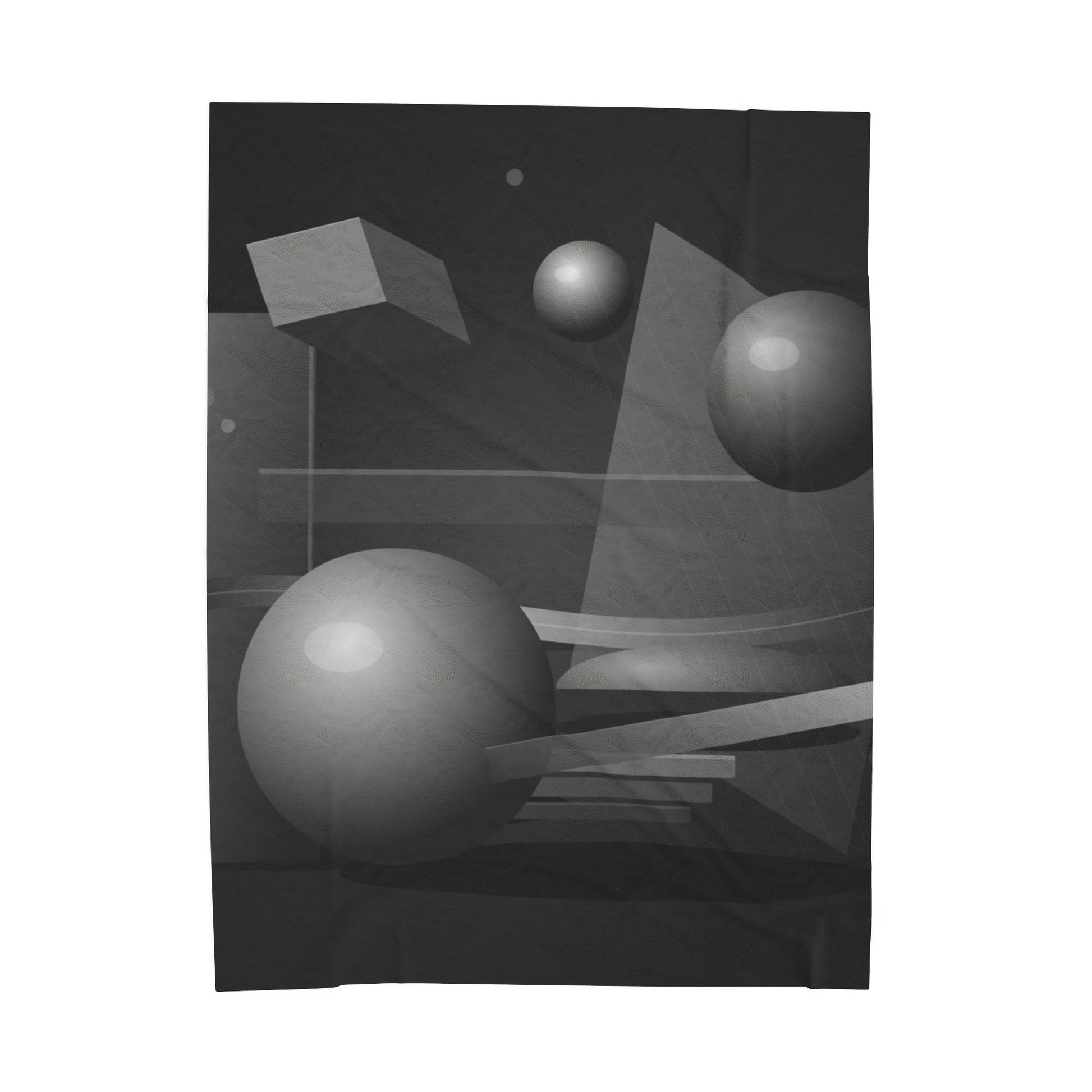 Velveteen plush blanket with 3D geometric spheres and abstract cube and sphere design, all-over print by Printify.