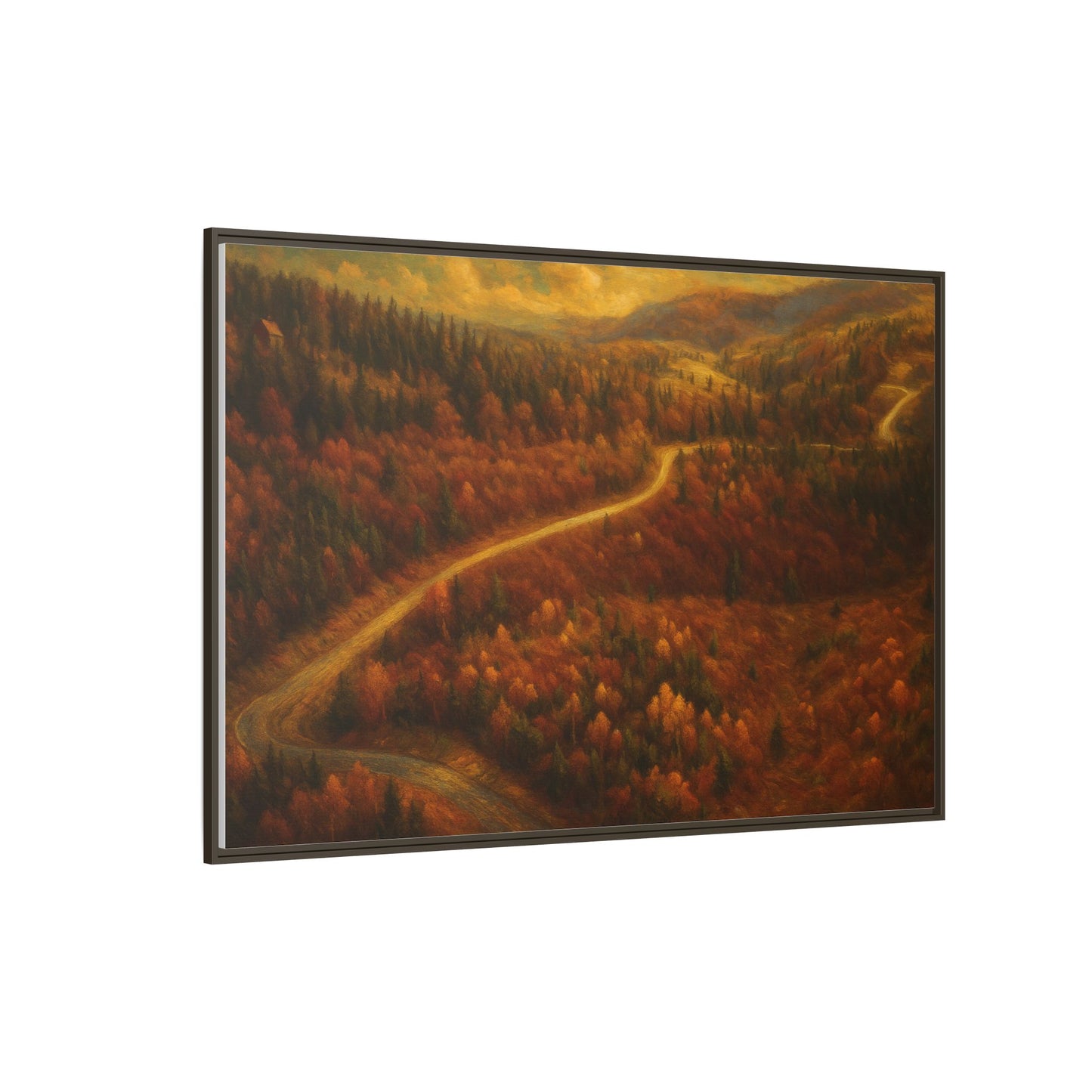 Framed matte canvas print of autumn forest road landscape wall art by Printify, showcasing vibrant fall trees and scenic woodland path.
