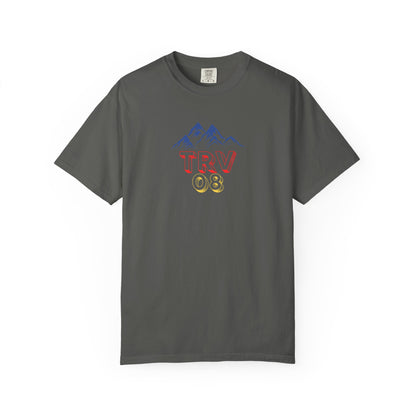 Unisex garment-dyed T-shirt with TRV08 Logo printed on front, casual style by Printify, made from soft, comfortable fabric.
