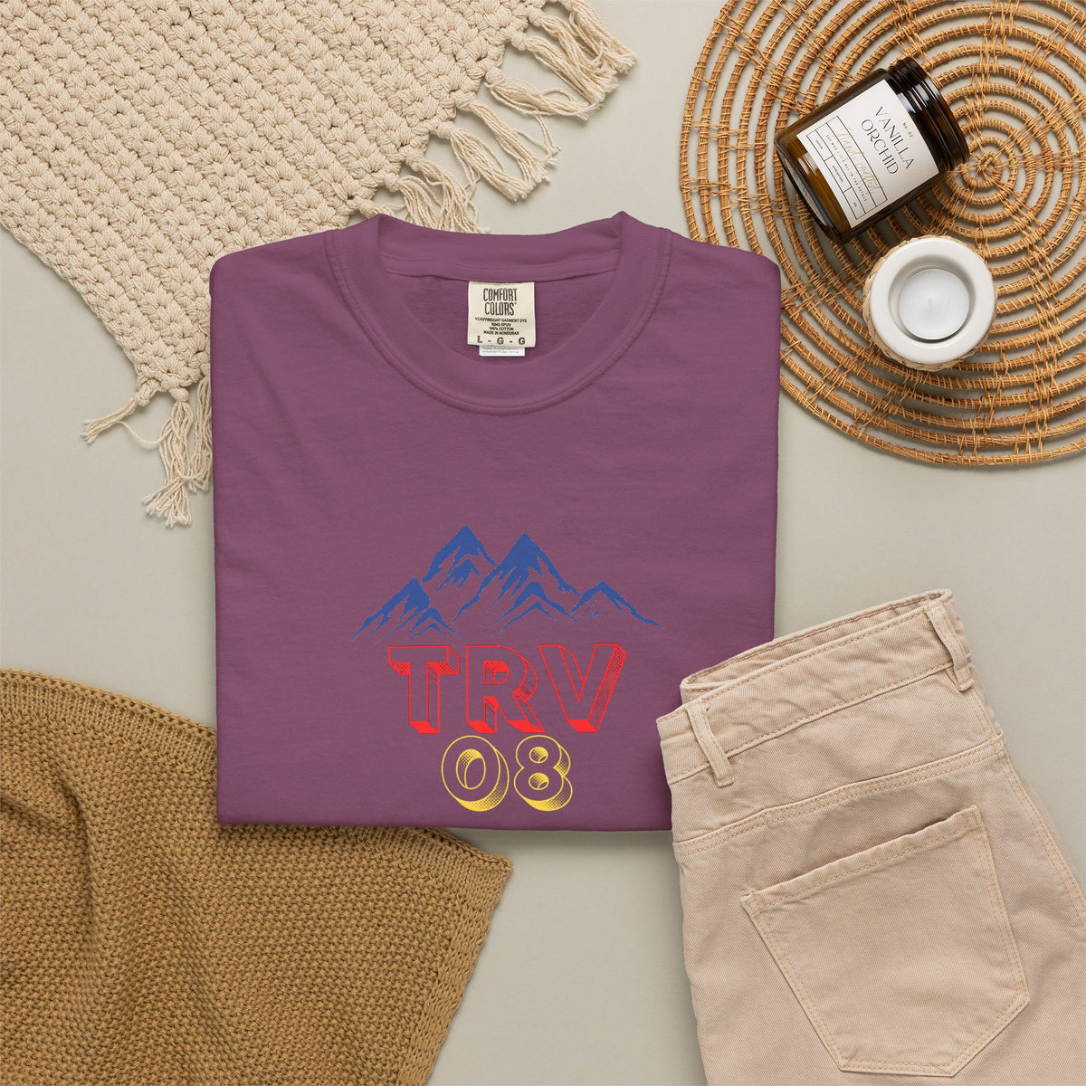 Unisex garment-dyed T-shirt with the TRV08 Logo printed on the front, made by Printify, shown in a casual fit.
