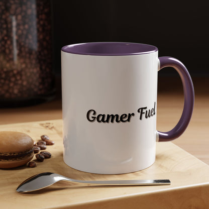 Printify Gamer Fuel coffee mug, 11oz black ceramic mug with gamer fuel logo and colorful accent design.