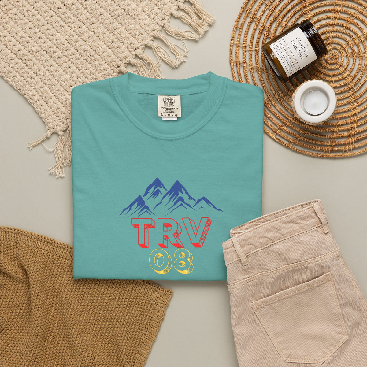 Unisex printify TRV08 Logo Tee in garment-dyed cotton with a printed logo on front, casual T-shirt for everyday wear.