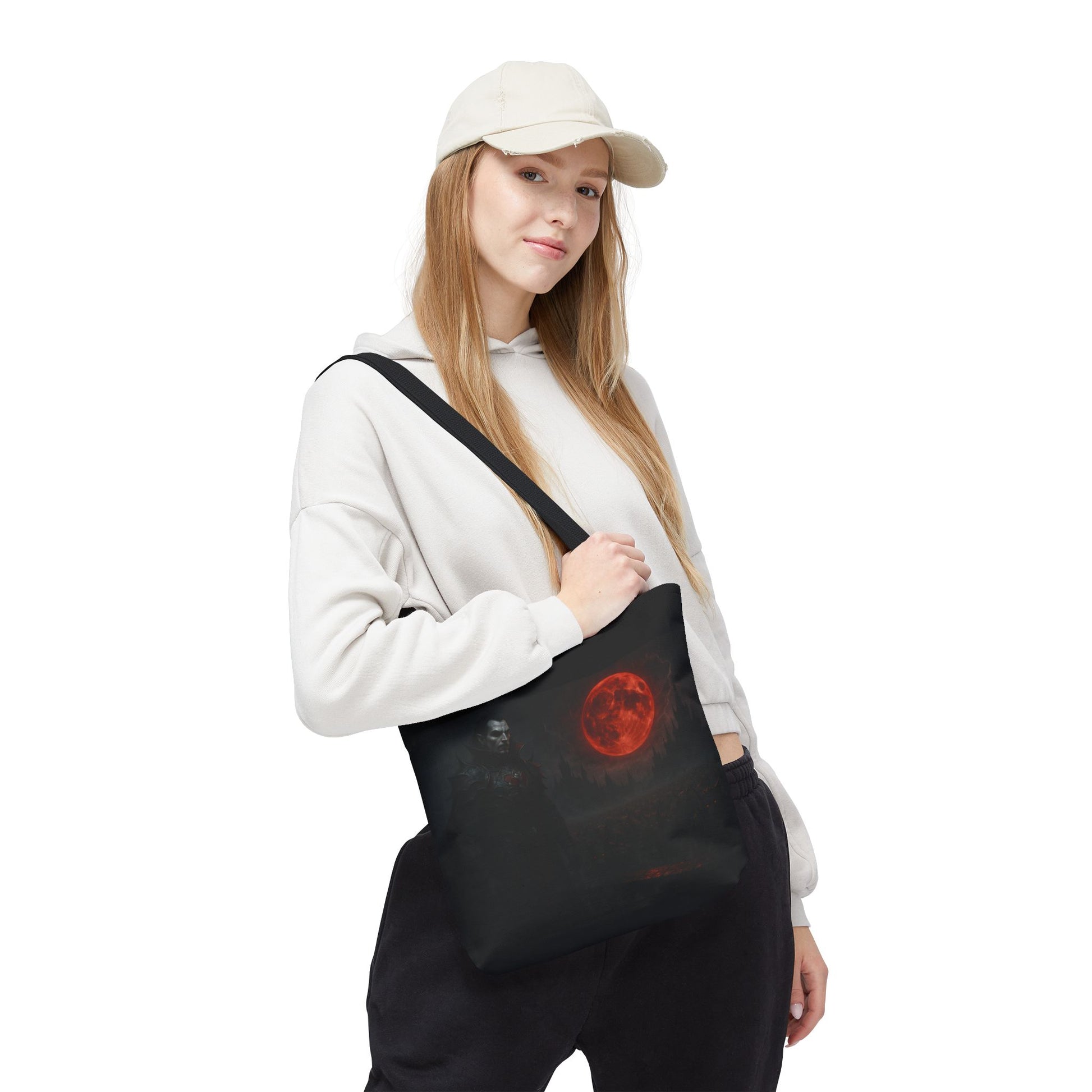 Gothic Dracula tote bag featuring moonlit vampire art, perfect for Halloween or gothic fashion, by Printify.