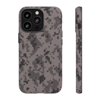 Gray digital camouflage phone case by Printify, showing a tough protective cover with a digital camo pattern for smartphones.