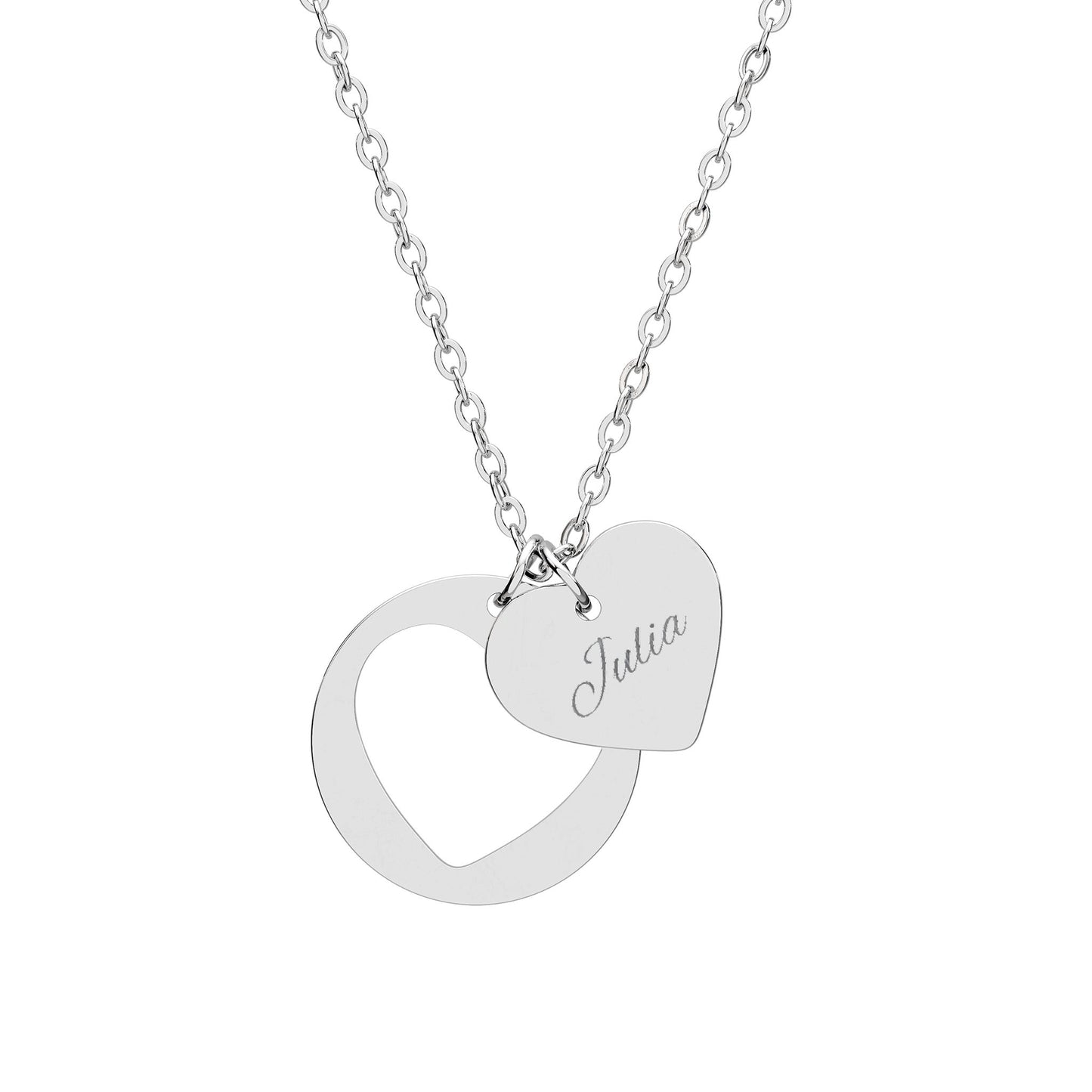 Engravable heart cutout necklace with personalized pendant in silver or rose gold, showcasing a delicate jewelry accessory.