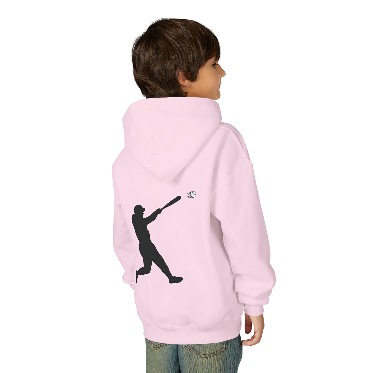 Youth baseball silhouette hoodie for kids, featuring a baseball player design on a pullover sweatshirt by Printify.