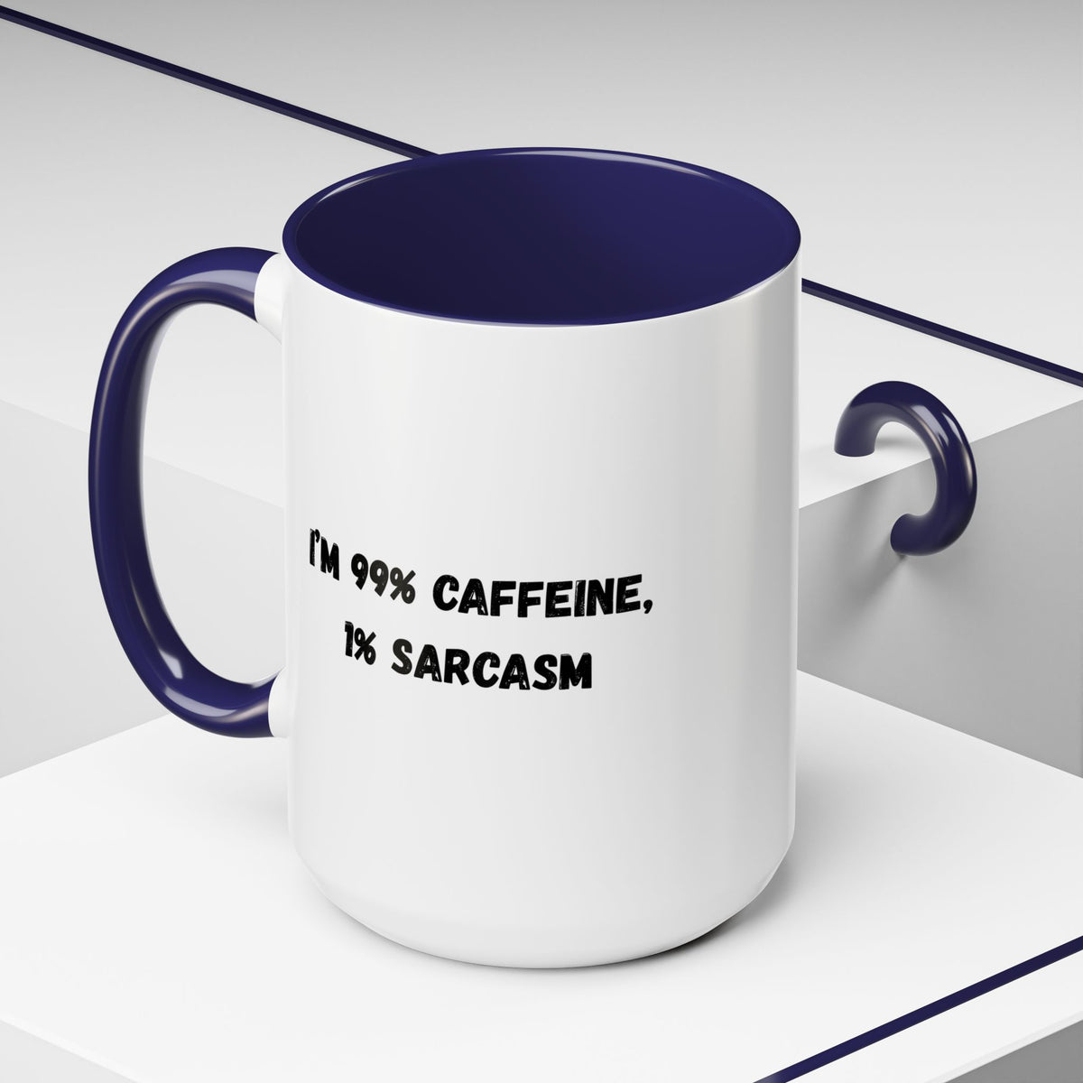 White ceramic coffee mug with "I'm 99% Caffeine, 1% Sarcasm" printed in black text, featuring a classic mug shape.