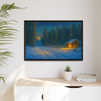 Winter cabin wall art on canvas featuring a snowy forest evening scene, cozy and matte framed by Printify.
