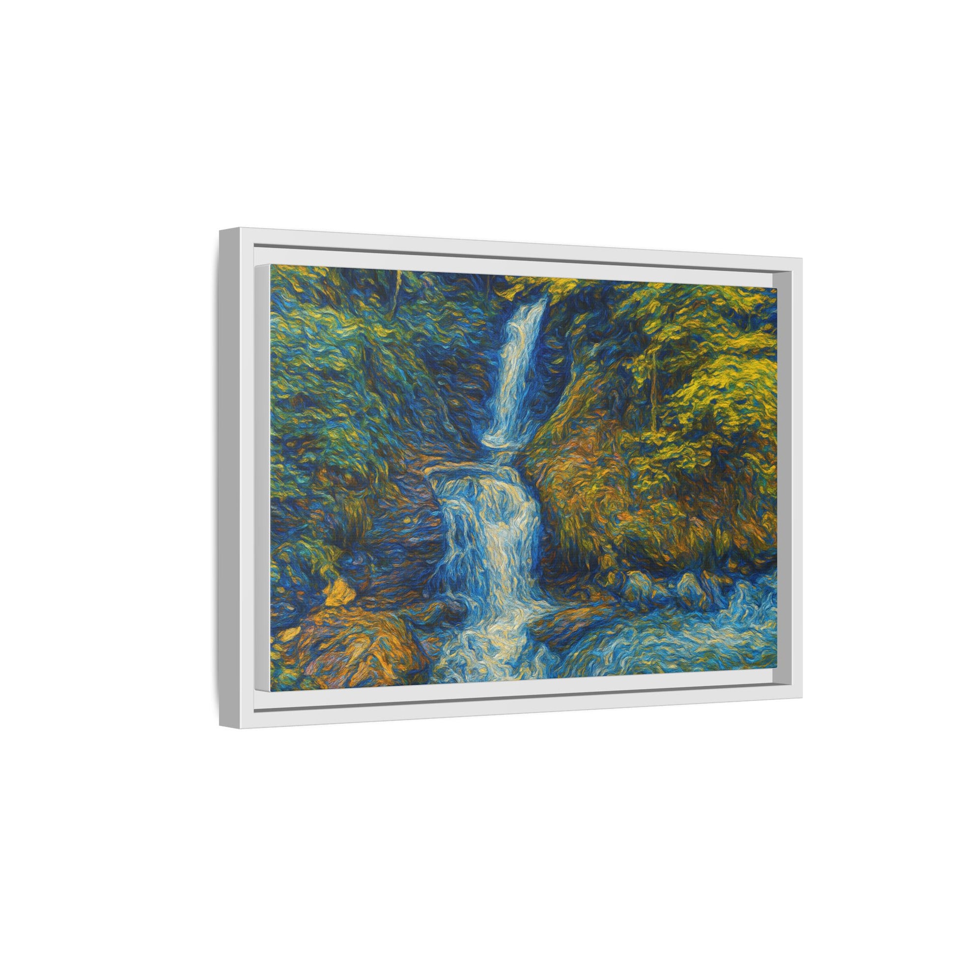 Framed matte canvas print of impressionist waterfall wall art, featuring vibrant colors and artistic brushstrokes.
