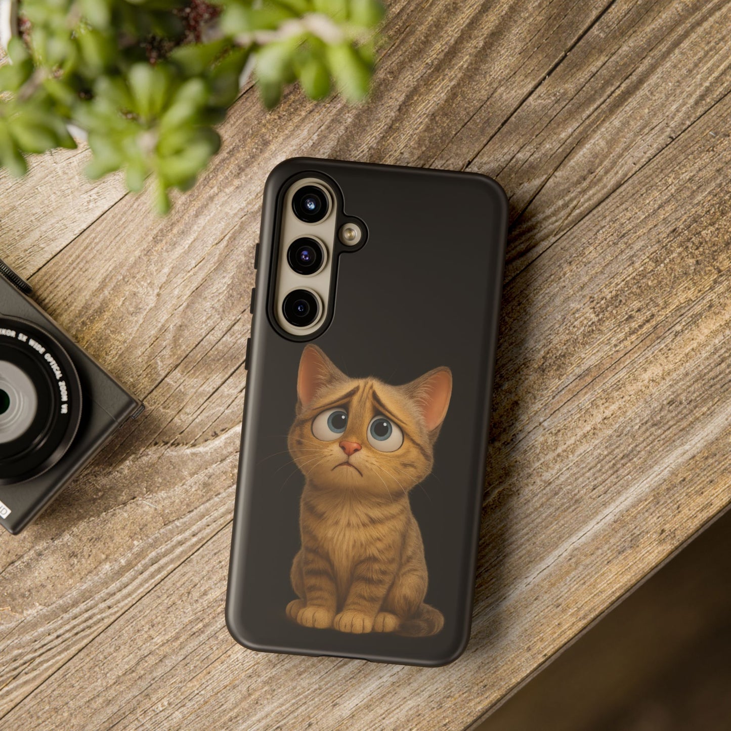 Cute sad kitty print phone case for iPhone, protective design featuring a sad cat illustration by Printify.