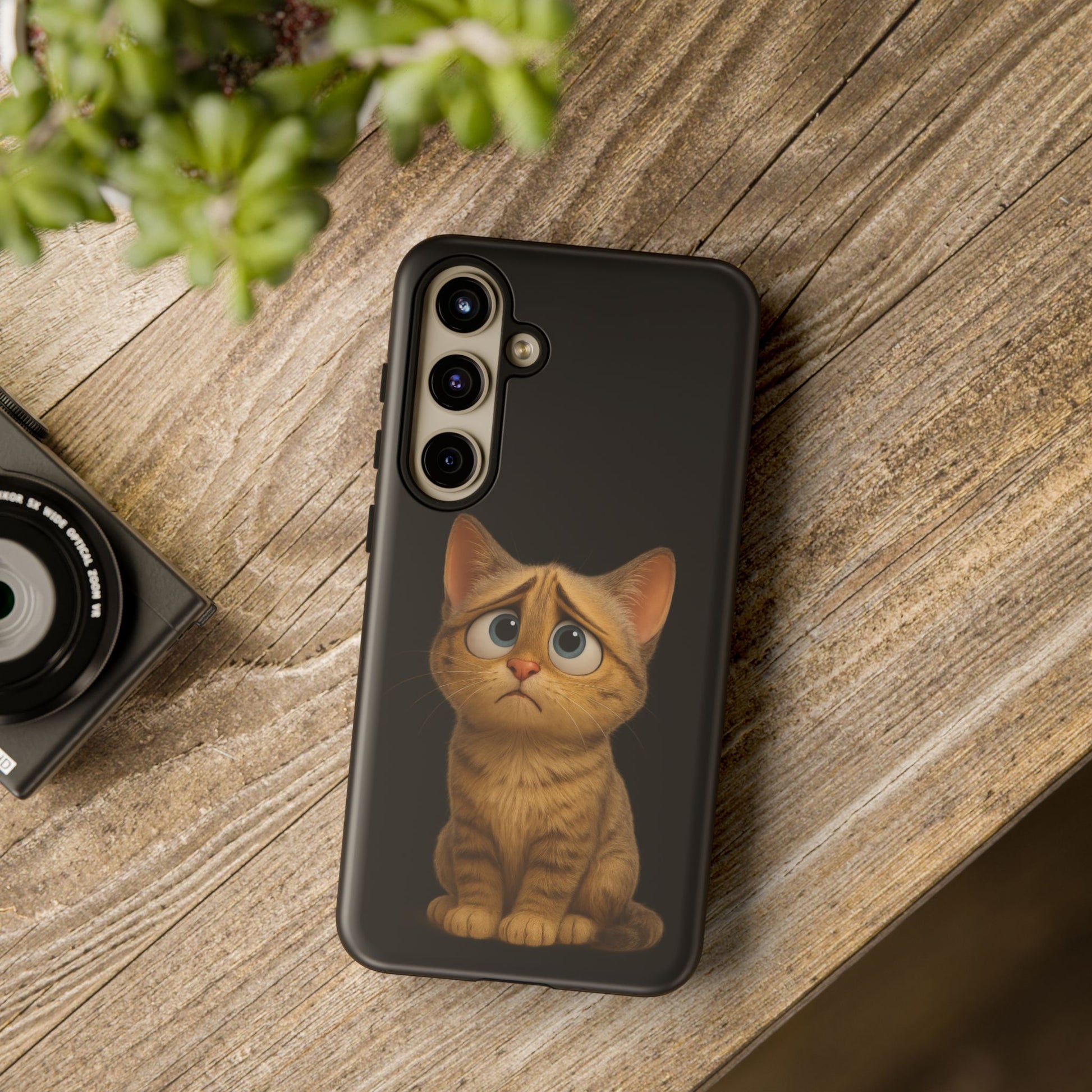 Cute sad kitty print phone case for iPhone, protective design featuring a sad cat illustration by Printify.