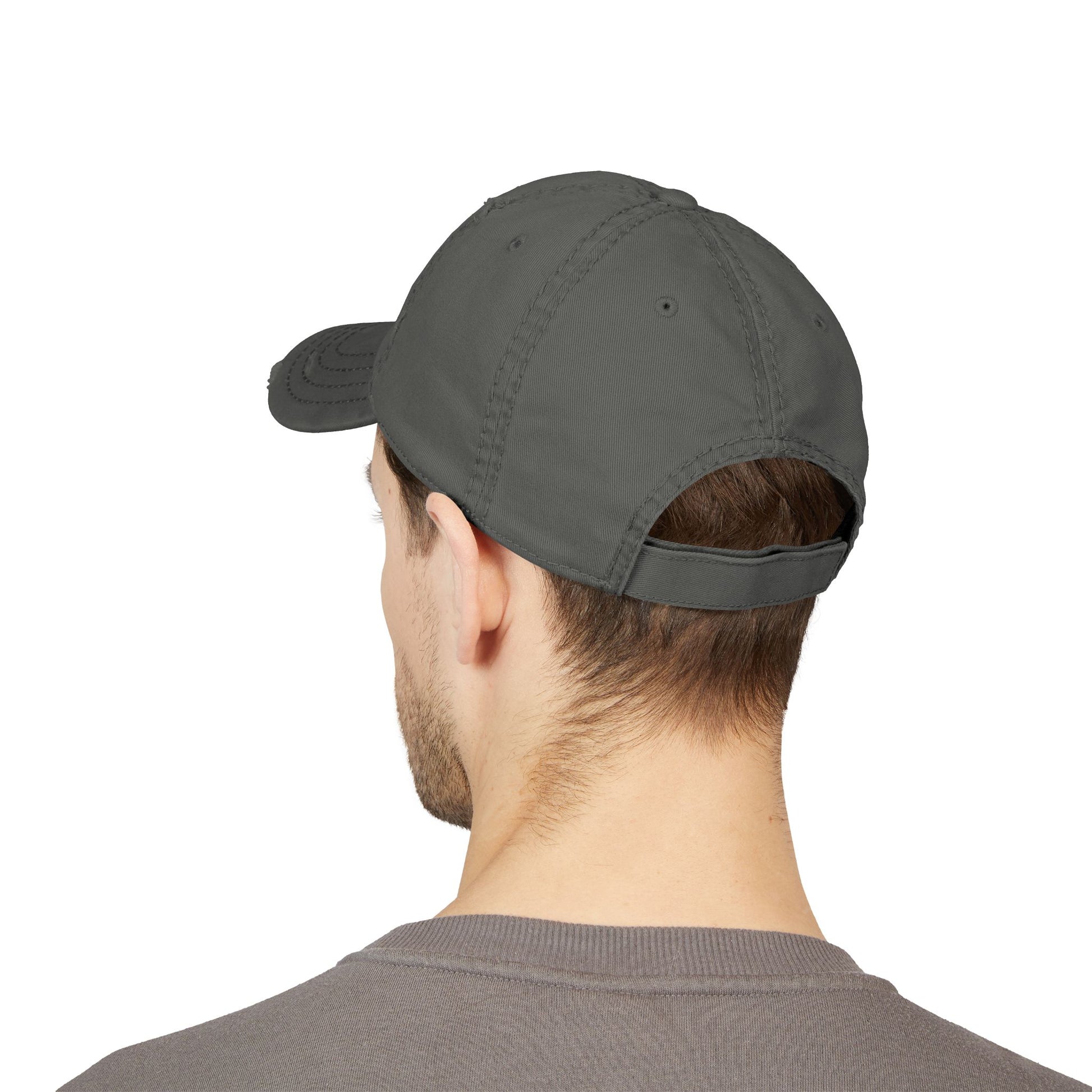 Vintage 2008 distressed dad hat with embroidered design, classic baseball cap style by Printify, showing front view.