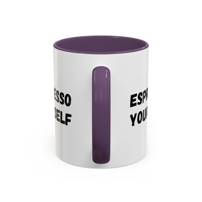 White ceramic Espresso Yourself coffee mug with humorous text, 11 oz size, perfect for coffee lovers.