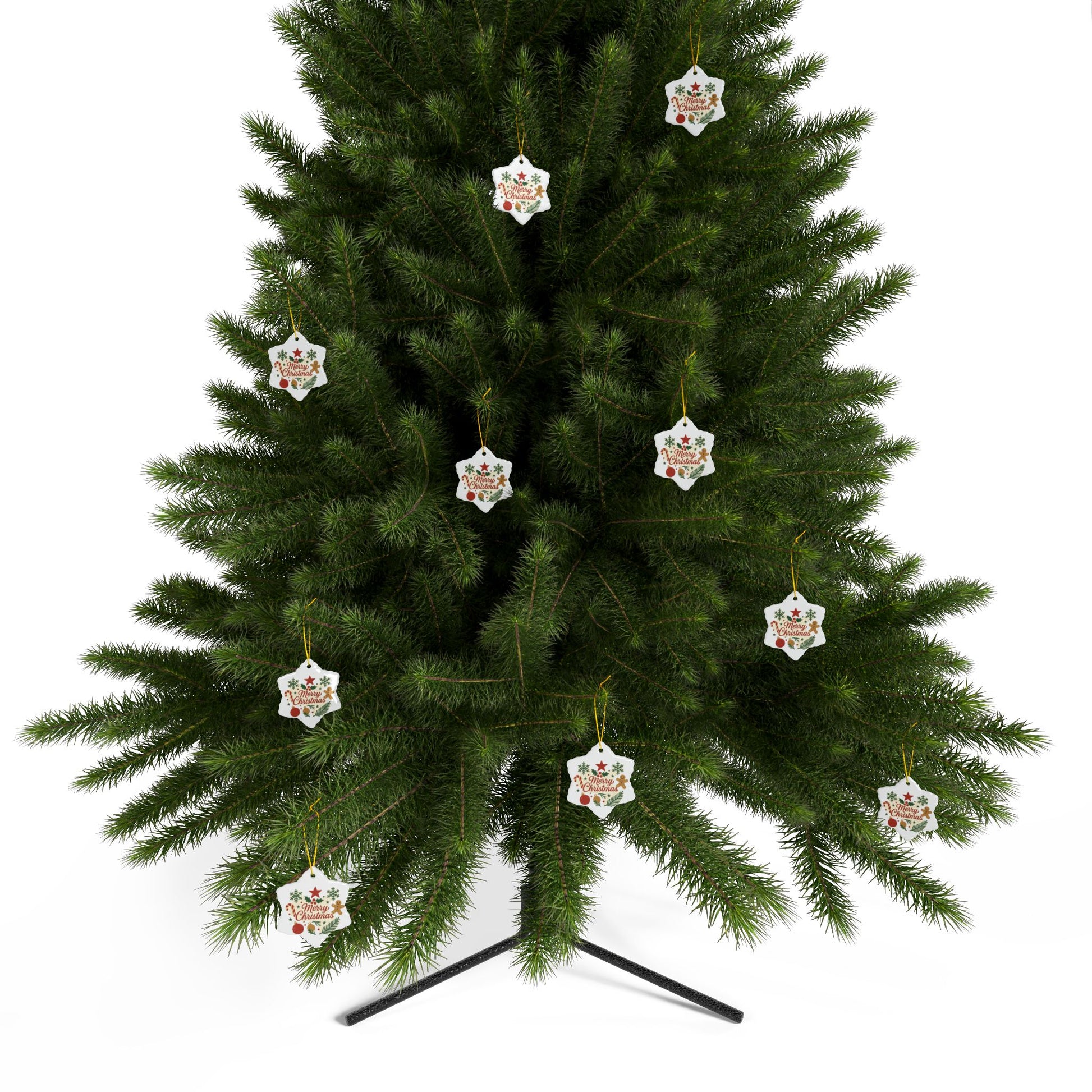 Double-sided Merry Christmas ceramic ornament featuring gingerbread and candy cane holiday tree design, perfect for festive decor.
