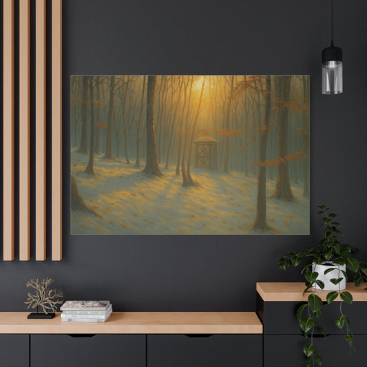 Matte stretched canvas featuring a Misty Forest Sunrise art print, showcasing vibrant colors and detailed forest scenery.