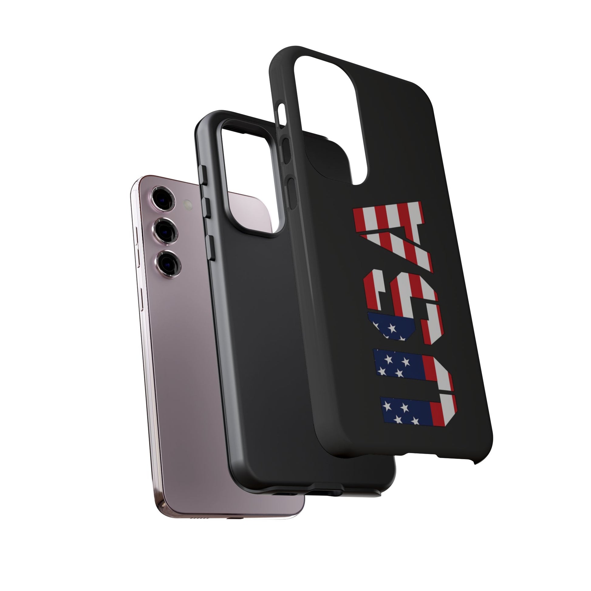 USA patriotic phone case with American flag design, durable Printify tough case for smartphones.