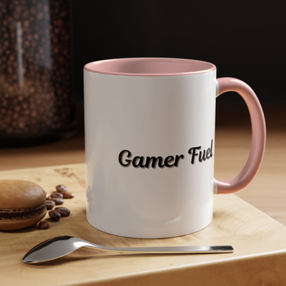 Printify Gamer Fuel coffee mug, accent 11oz or 15oz, black ceramic mug with gaming-themed design and bold "Gamer Fuel" text.