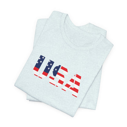 USA Flag Text Tee — Patriotic Fourth of July T-Shirt