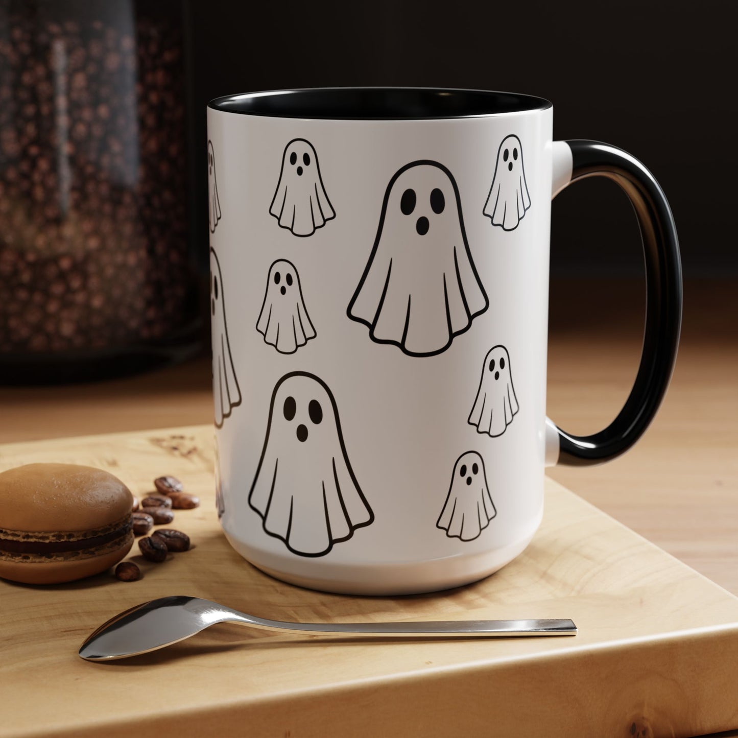 Printify ghost pattern ceramic coffee mug with cute Halloween ghost design, available in 11oz and 15oz sizes.