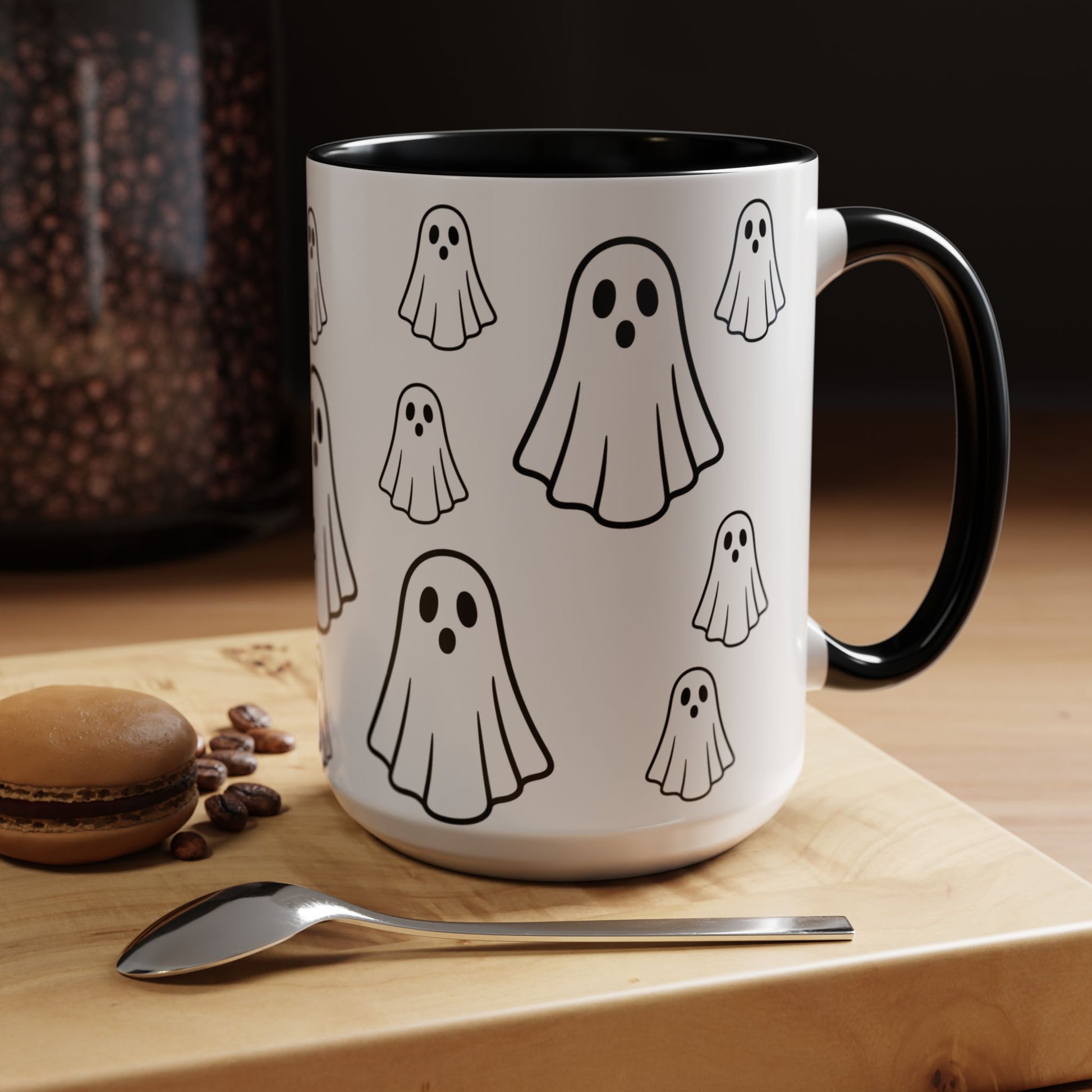 Printify ghost pattern ceramic coffee mug with cute Halloween ghost design, available in 11oz and 15oz sizes.
