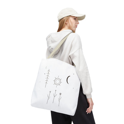 Minimal Moon and Sun botanical tote bag featuring celestial line art design, made by Printify.