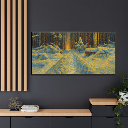 Framed matte canvas print of a snowy forest path at sunset, wall art by Printify, showcasing winter landscape and warm sunset tones.