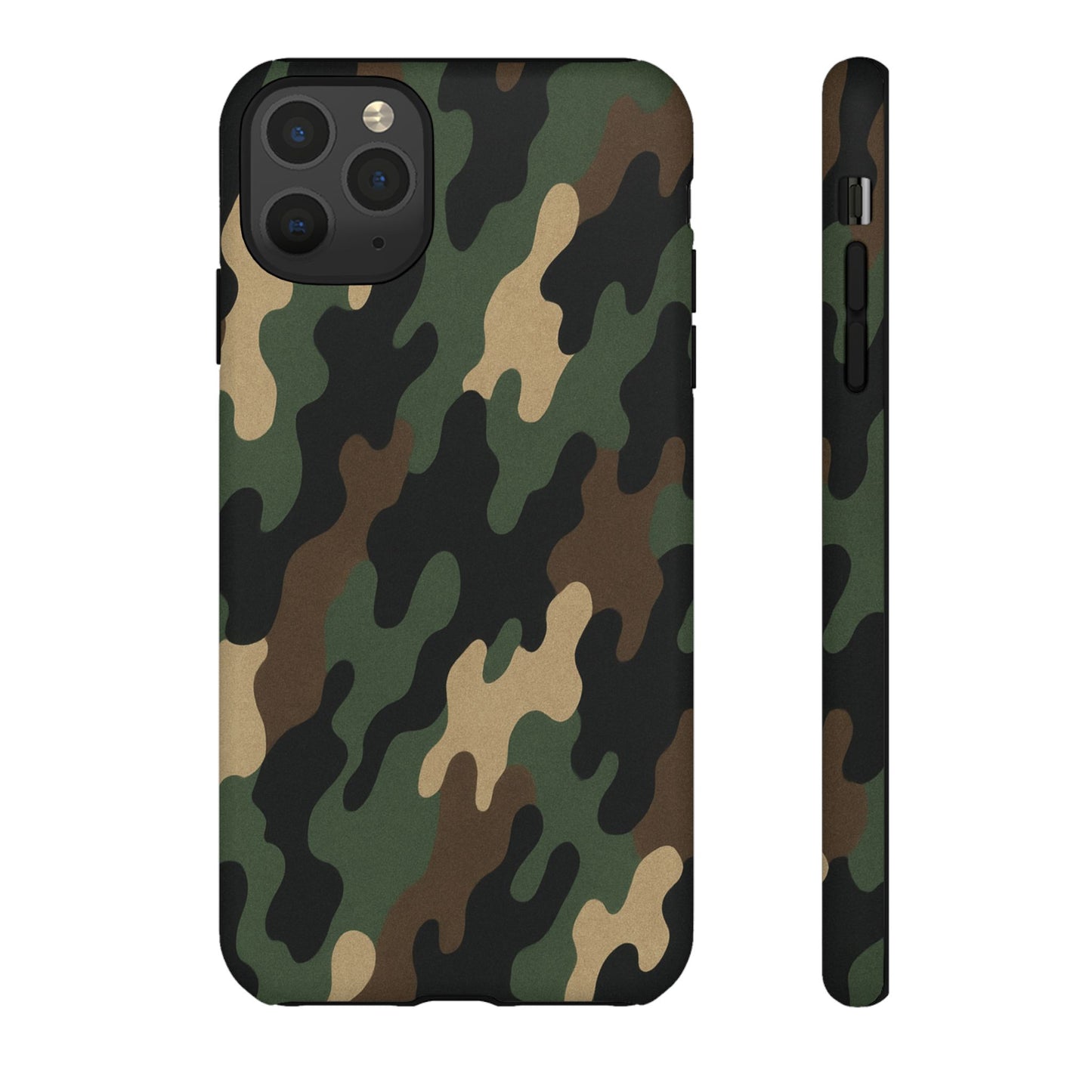 Camouflage tough phone case by Printify showing a rugged camo design for iPhone with protective edges.
