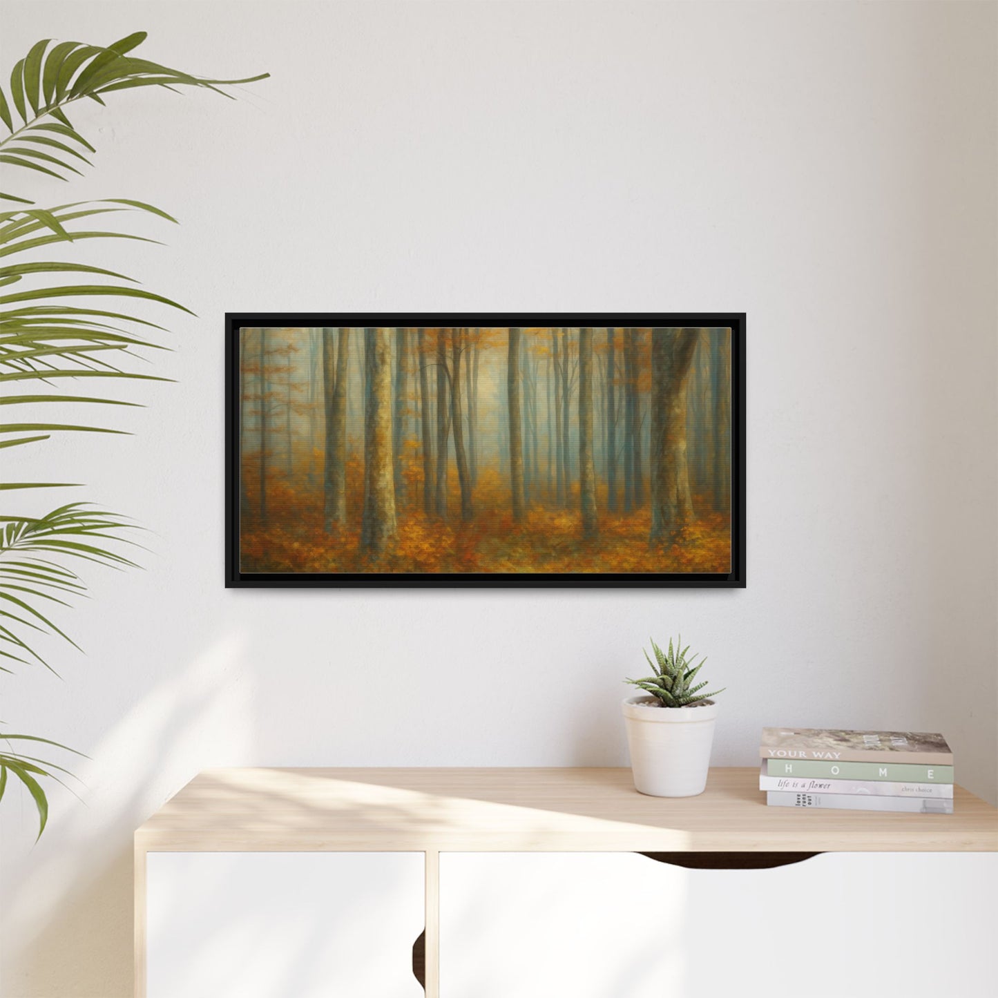 Framed autumn forest canvas print featuring misty woodland scene, wall art by Printify with vibrant fall colors and natural landscape.