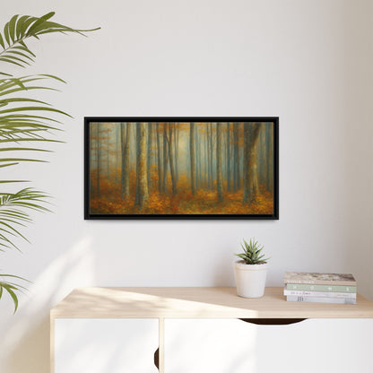 Framed autumn forest canvas print featuring misty woodland scene, wall art by Printify with vibrant fall colors and natural landscape.