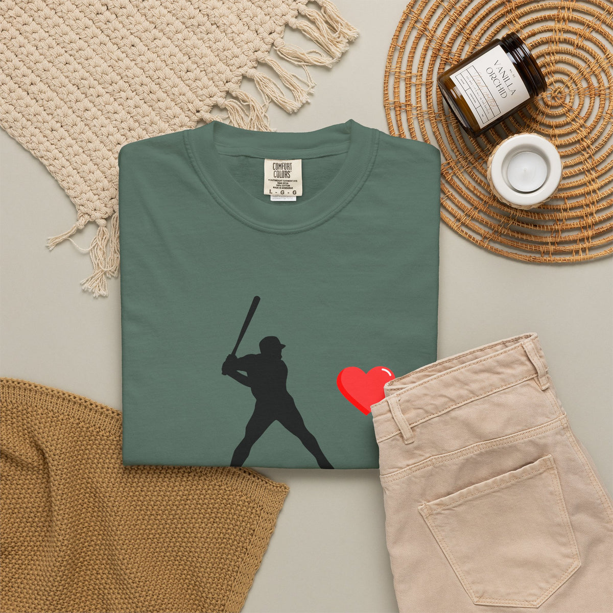 Red baseball batter heart T-shirt by Printify featuring a graphic illustration on soft cotton fabric.
