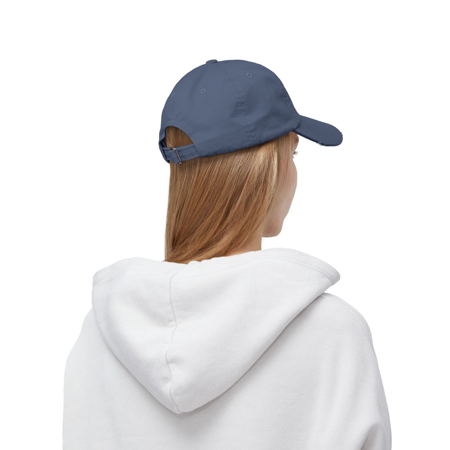 Distressed baseball cap with silhouette batter design, casual hats by Printify featuring a worn, vintage style.