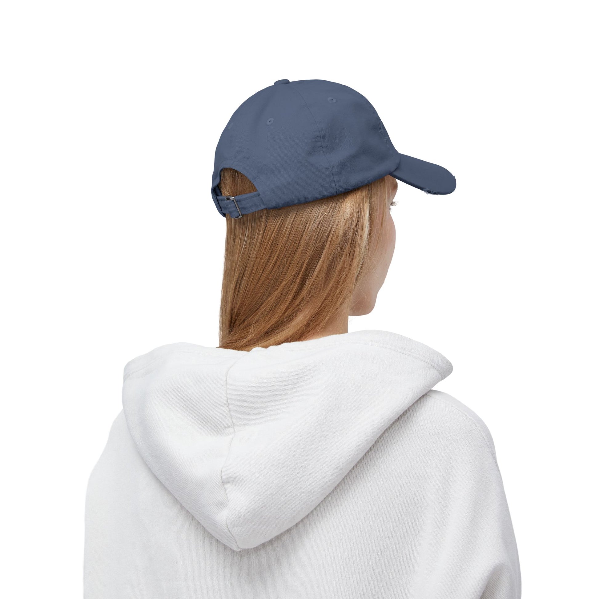 Distressed baseball cap with silhouette batter design, casual hats by Printify featuring a worn, vintage style.