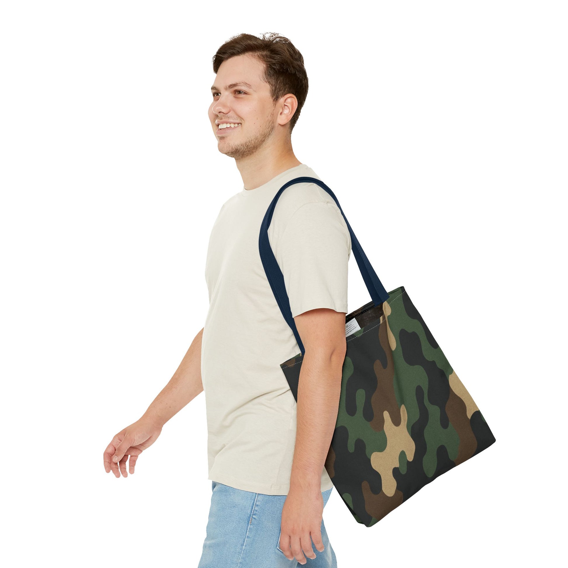 Camo pattern tote bag by Printify, all-over print canvas carryall with camouflage design and spacious interior.