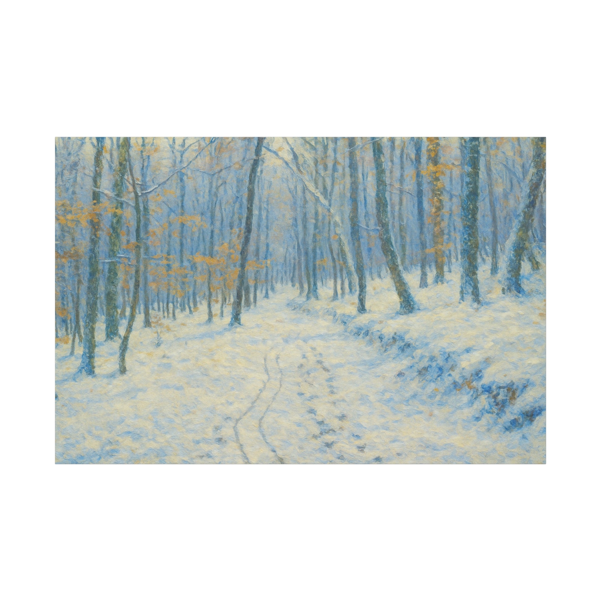 Winter woodland canvas print by Printify featuring a snowy forest scene on matte stretched wall art.