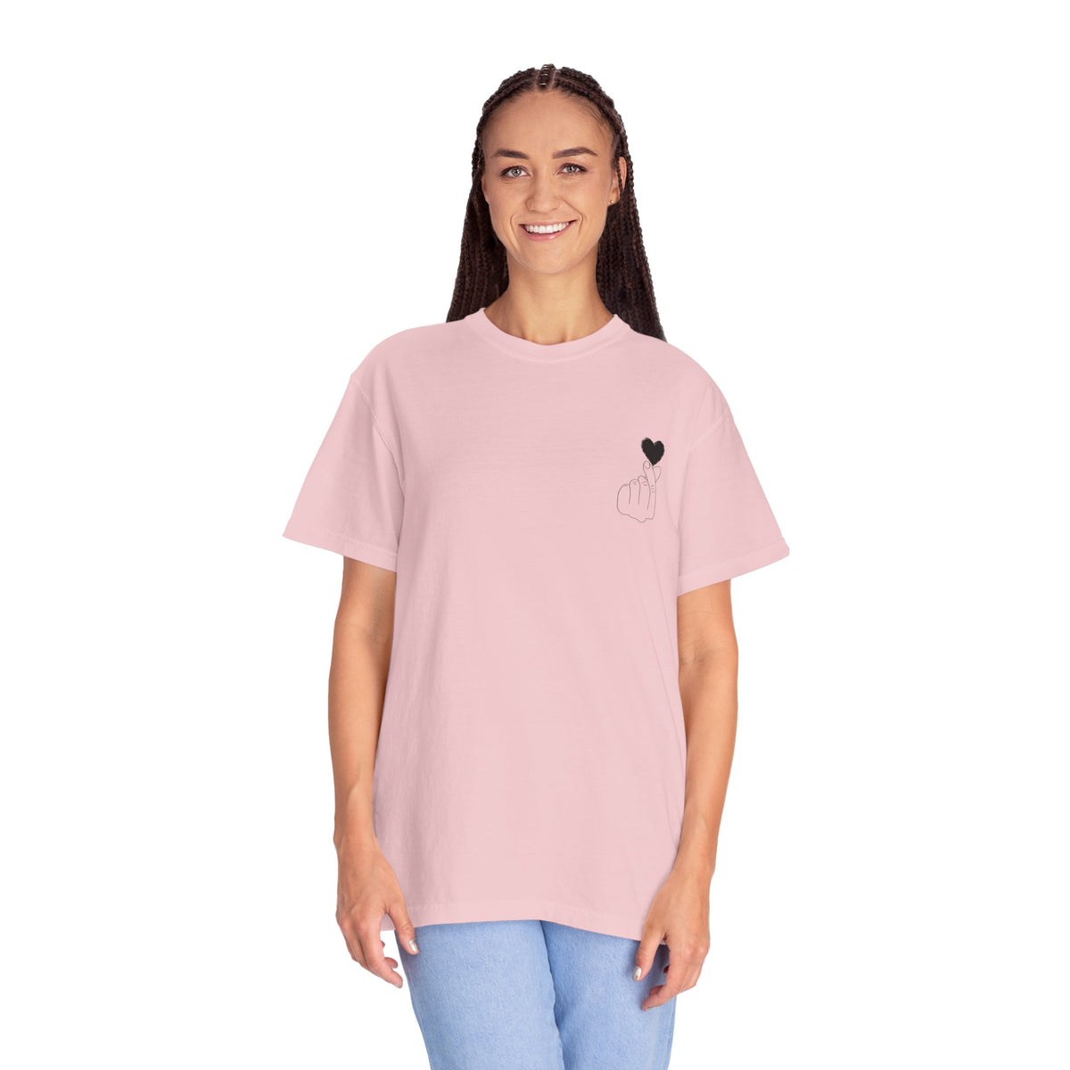 Black T-shirt with minimal white finger heart graphic design, casual fit, by Printify, showcasing the front view.