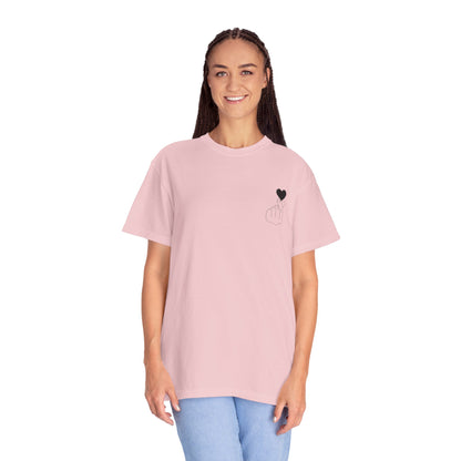 Black T-shirt with minimal white finger heart graphic design, casual fit, by Printify, showcasing the front view.