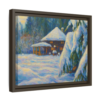 Framed matte canvas of a snowy cabin winter landscape wall art by Printify, showcasing a cozy cabin in a snowy forest scene.