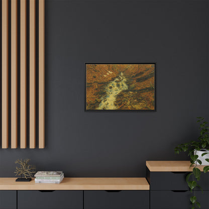Framed matte canvas print of autumn stream landscape artwork, featuring colorful trees and flowing water, by Printify.