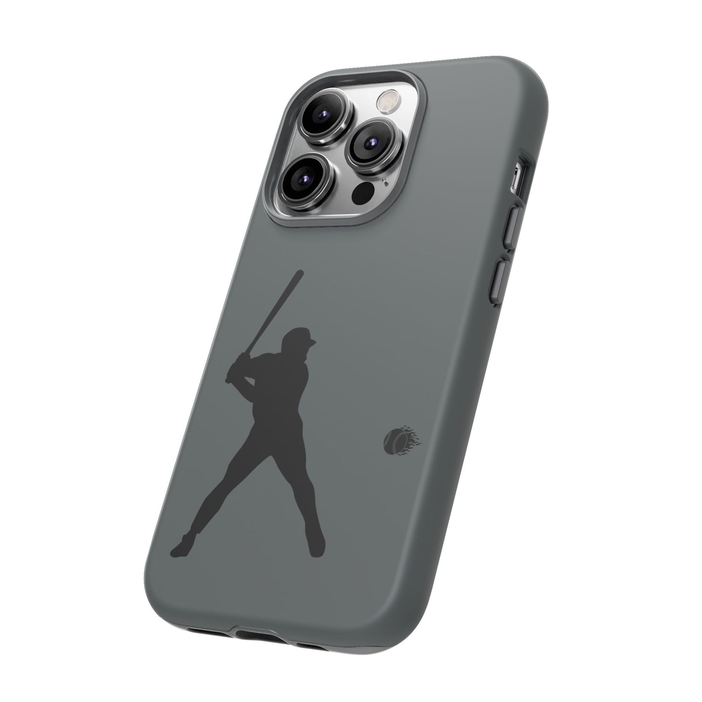 Black baseball silhouette tough phone case for iPhone, protective sporty design by Printify, shows baseball graphic on the back.