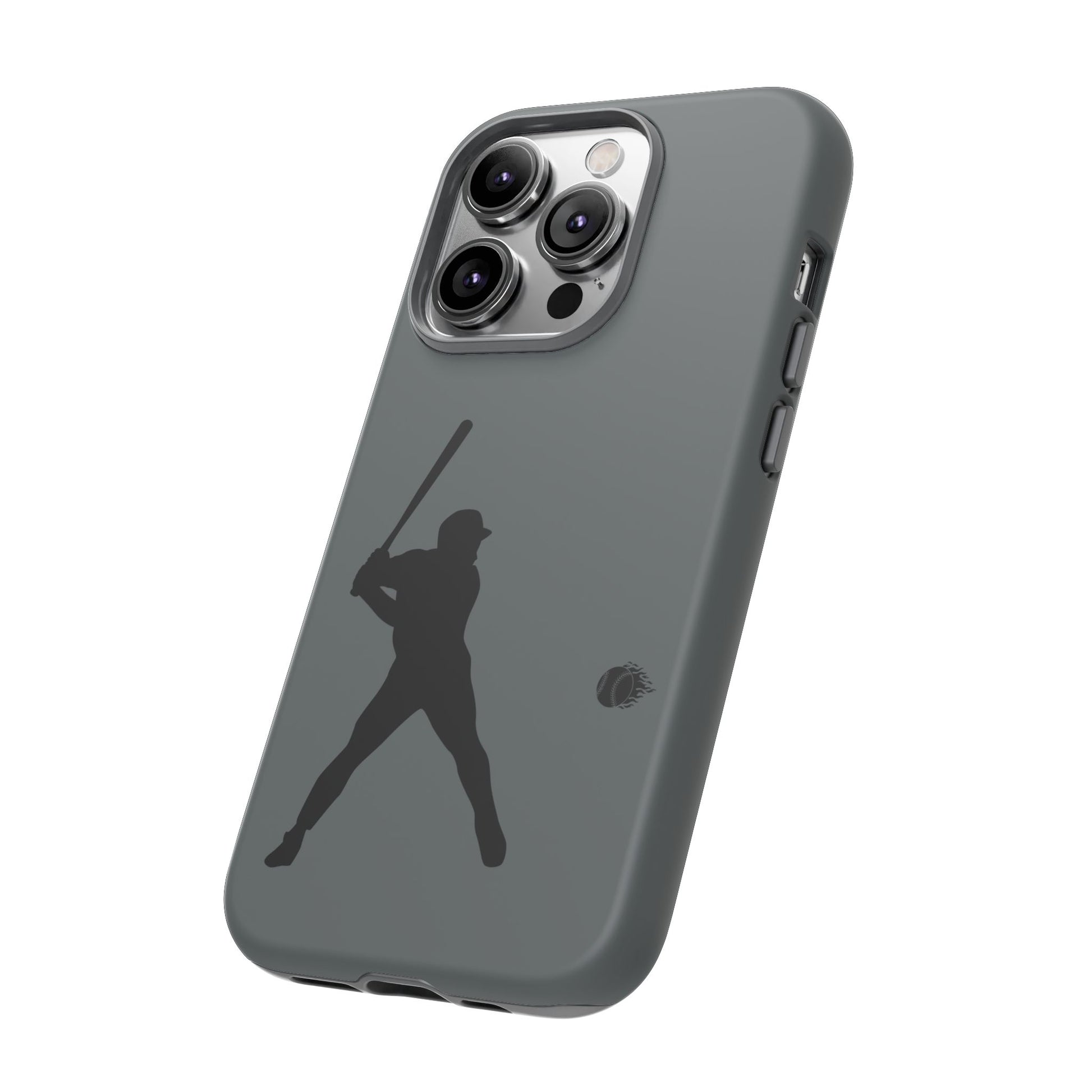 Black baseball silhouette tough phone case for iPhone, protective sporty design by Printify, shows baseball graphic on the back.