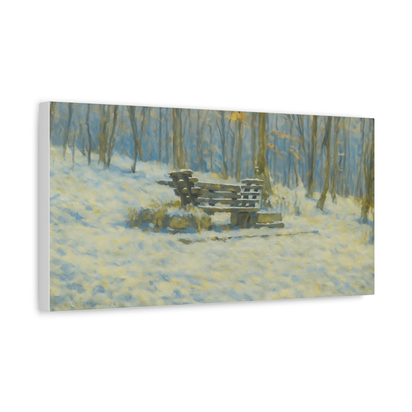 Snowy park bench matte canvas print featuring winter woodland scene, stretched 1.25-inch wall art from Printify.