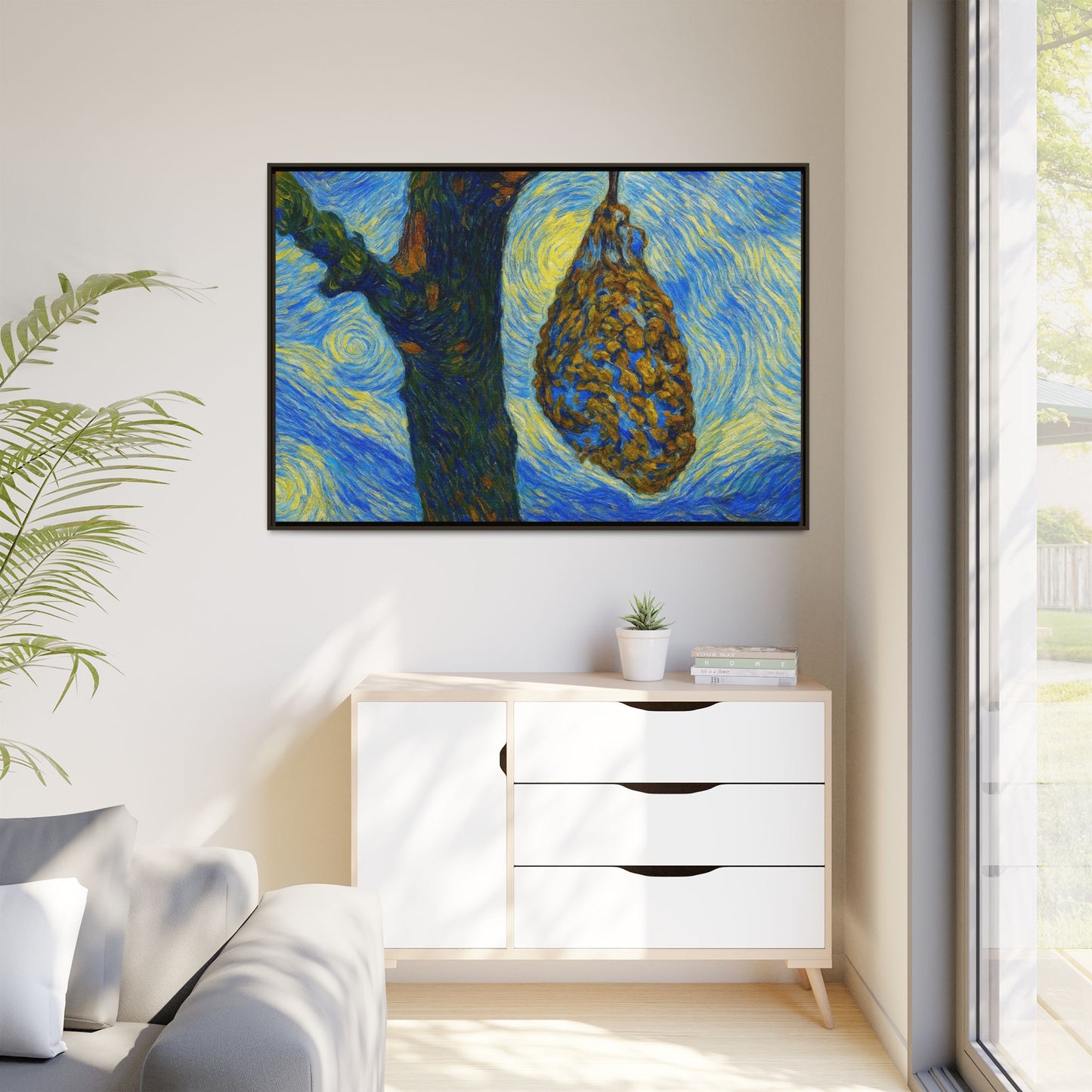 Framed matte canvas art of a starry nut cluster with dried plum in a tree, by Printify, showcasing detailed natural landscape imagery.