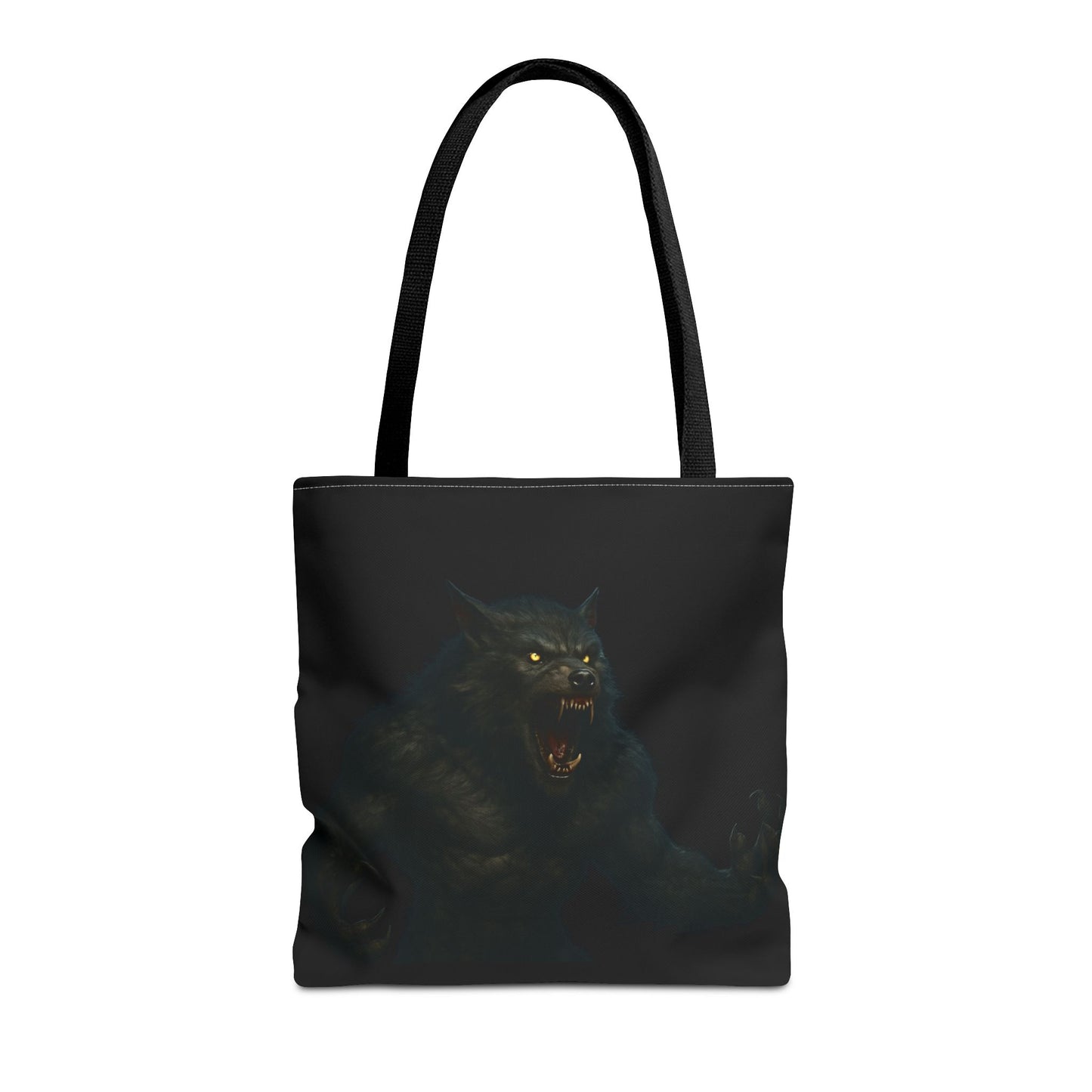 Werewolf tote bag with dark Halloween art, ideal for horror fans, made by Printify, featuring a spooky wolf design on canvas.