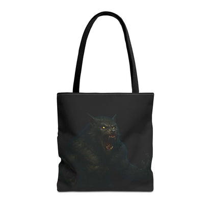 Werewolf tote bag with dark Halloween art, ideal for horror fans, made by Printify, featuring a spooky wolf design on canvas.