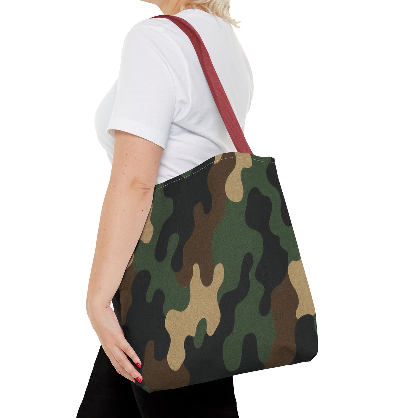 Camo pattern tote bag made of canvas with all-over print, designed for stylish carrying and everyday use.