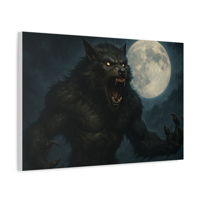 Spooky werewolf moon matte canvas print featuring a full moon, ideal as eerie wall art for Halloween or haunted decor.