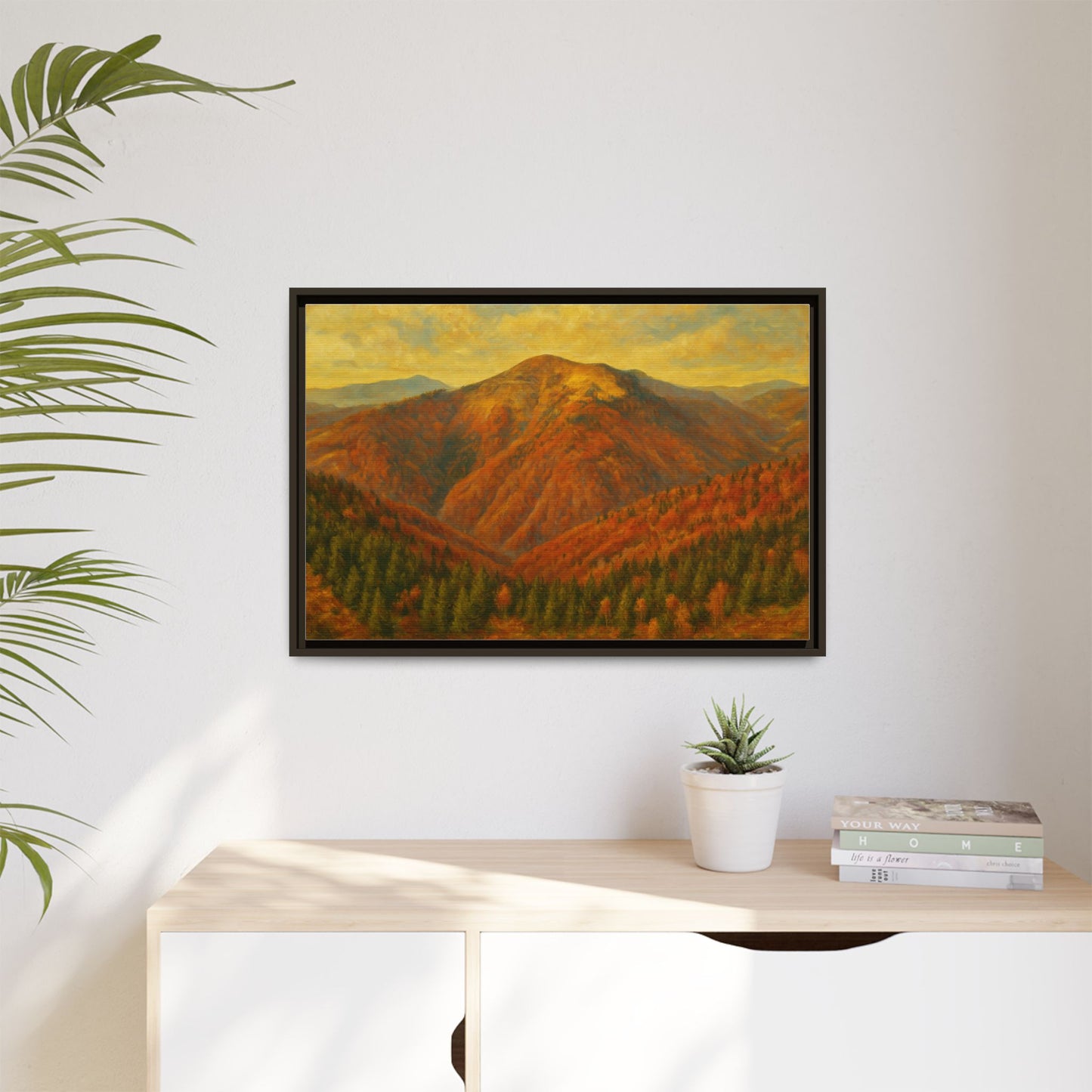 Autumn mountain matte canvas framed wall art by Printify featuring a scenic mountain landscape in warm tones.