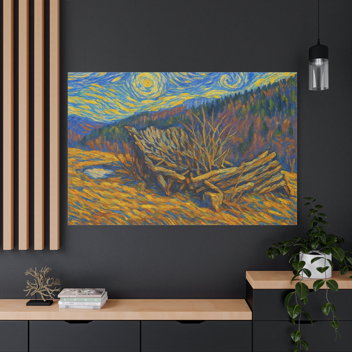 Impressionist Starry Landscape canvas print by Printify showing a vibrant night sky with stars over a colorful landscape scene.