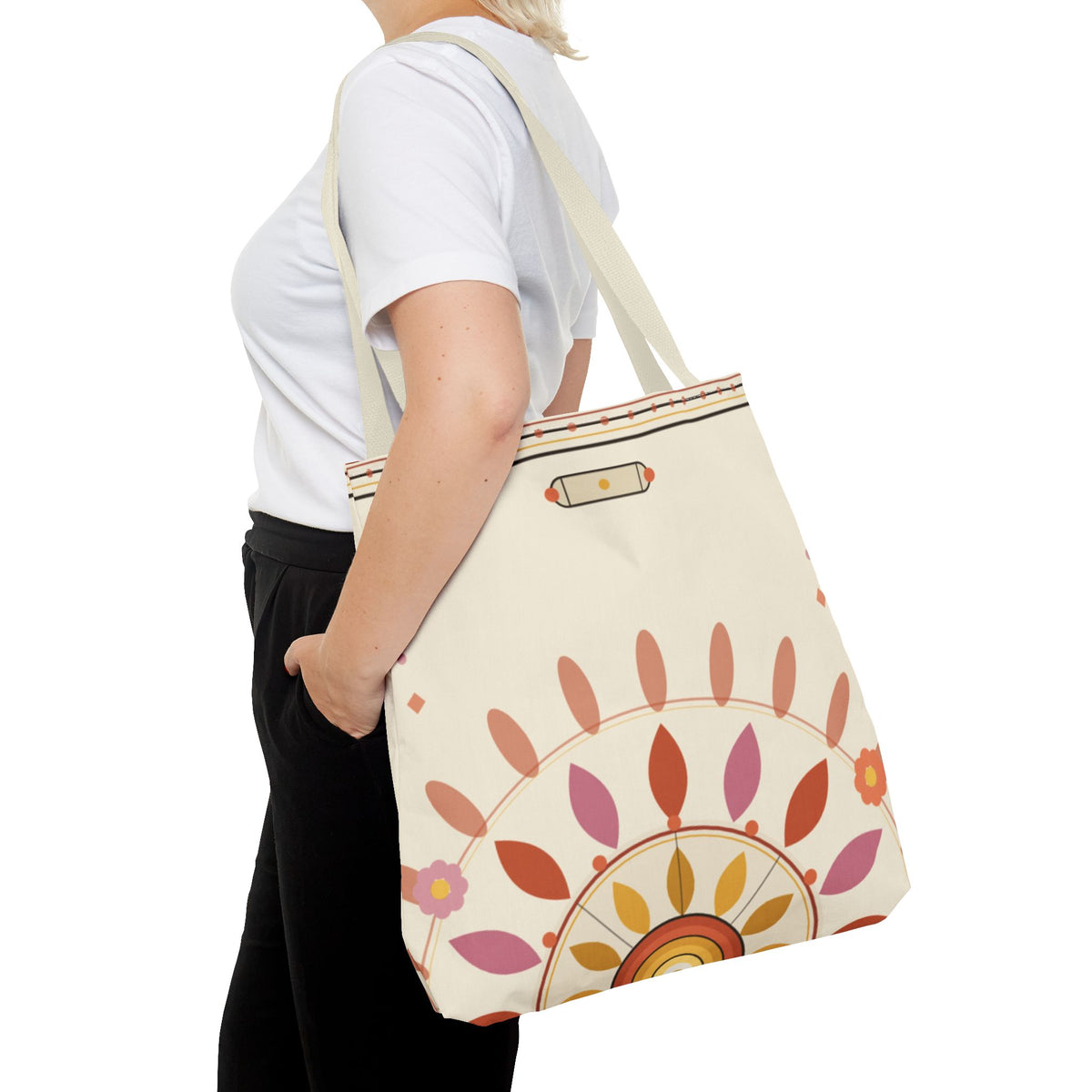 Boho floral mandala tote bag with pastel sunburst pattern by Printify, featuring colorful floral and mandala designs on fabric.