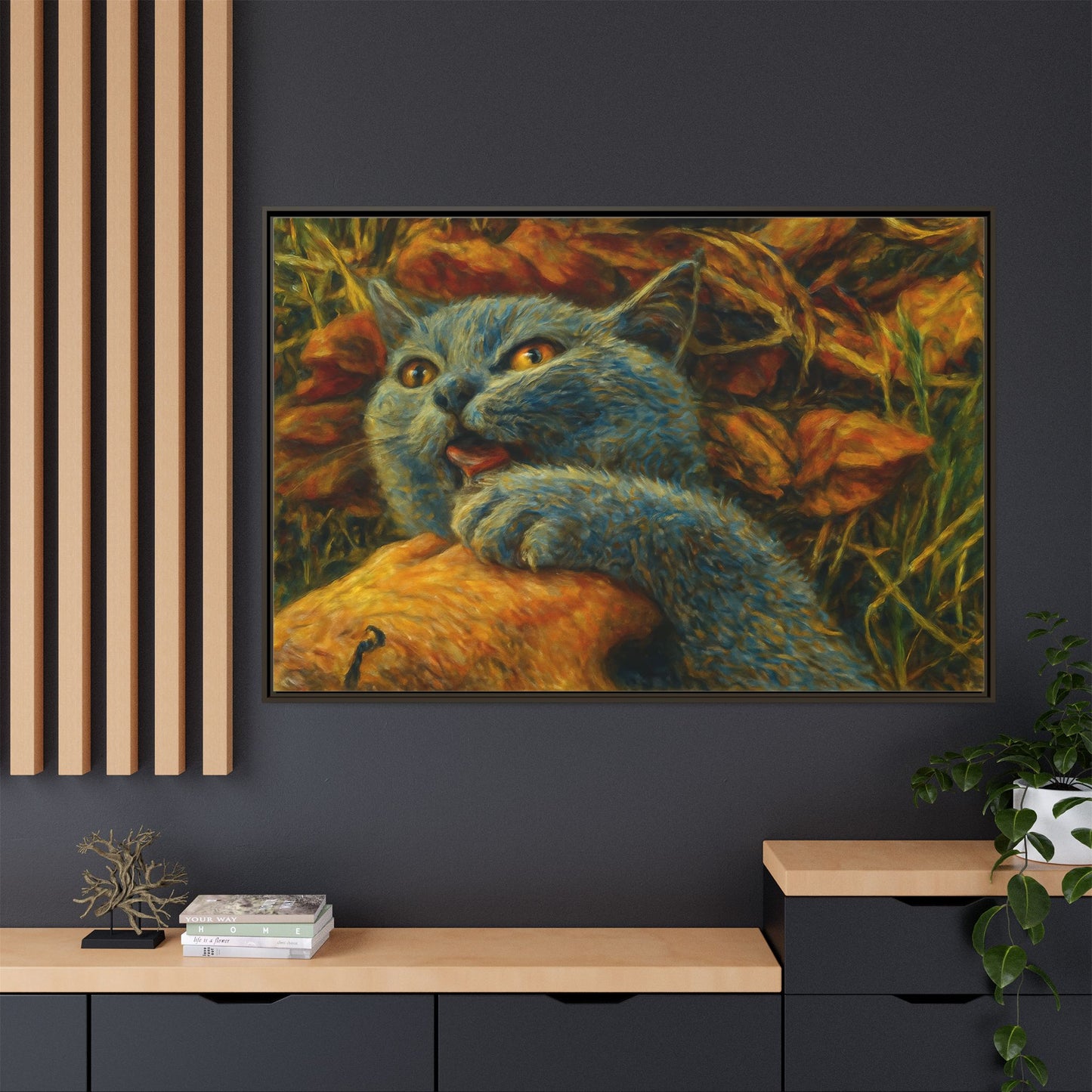 Blue cat canvas print featuring whimsical wall art, perfect for cat lovers and decorative home decor by Printify.